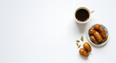 Dates and Coffee: Minimalist Composition on White Background, Top View.