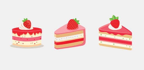 Strawberry Cake Slices Illustration with Pink Glaze and Topping, Flat Vector