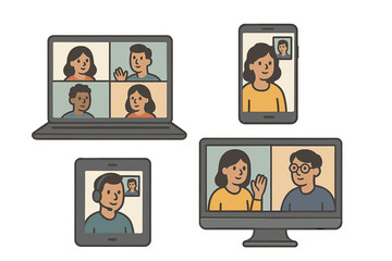Group video call with multiple participants across different devices during a virtual meeting in a cozy setting