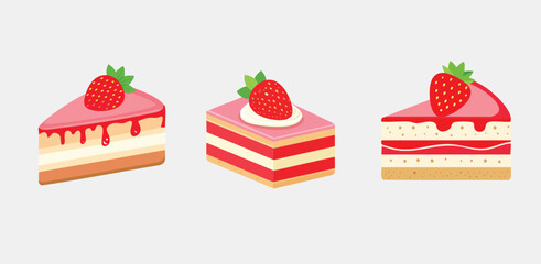 Strawberry Cake Slices Illustration with Pink Glaze and Cream Topping, Flat Vector
