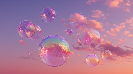 Dreamy Iridescent Soap Bubbles Floating in a Pastel Sunset Sky with Pink Clouds.