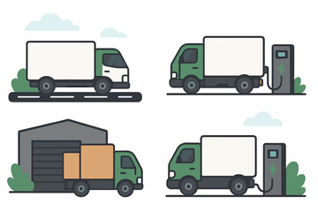 Electric delivery trucks charging at a station and parked in a garage