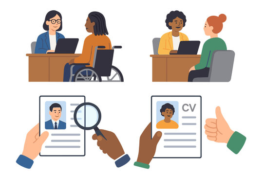 Job interview preparation with diverse candidates and evaluators in an inclusive setting