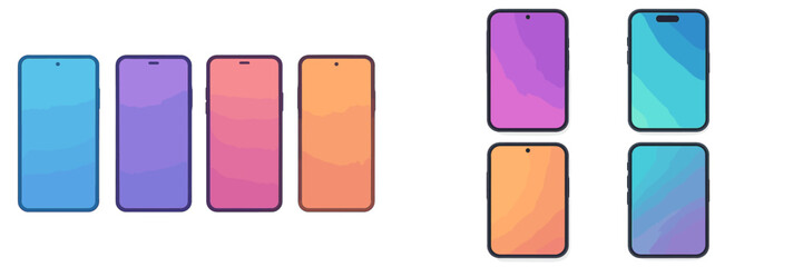 Four modern smartphone designs displayed with vibrant gradient screens in a studio setting