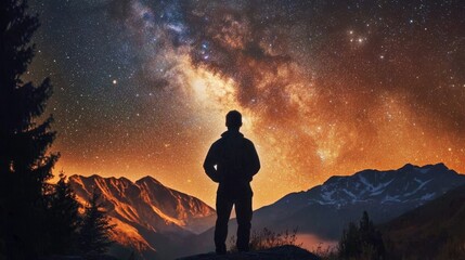 Obraz premium The captivating silhouette of a man under a starry sky.