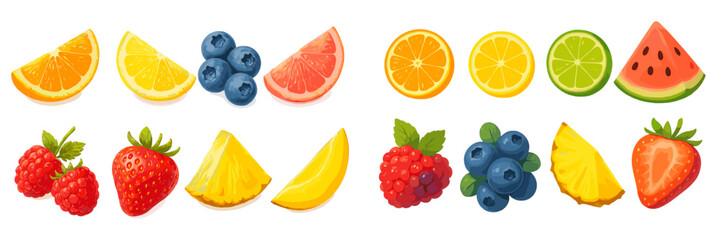 Brightly colored assortment of fresh fruits arranged on a white background for an inviting summer display