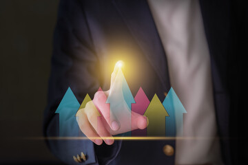 A businesswoman's hand reaching out, representing a business concept. Shows an efficient process. Modern business operations are in progress. Improvement strategy, growth. Tech innovation for better.