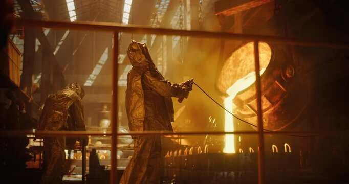 Smelter Operators in Protective Fireproof Suits and Industrial Employees Working at a Modern Metal Foundry. Foundrymen Pouring Hot Melted Iron Ore into Casting Forms, Producing Equipment