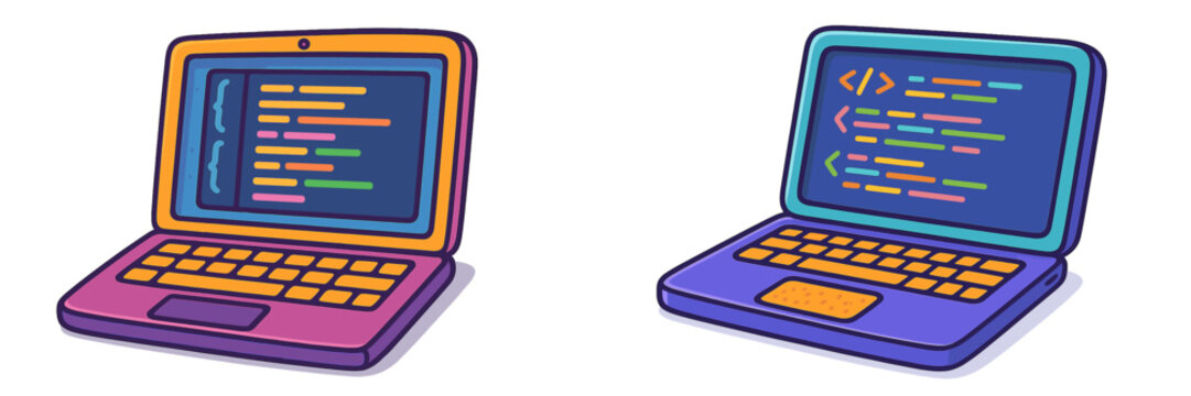 Digital laptops displaying colorful code with modern designs in bright hues suitable for coding enthusiasts