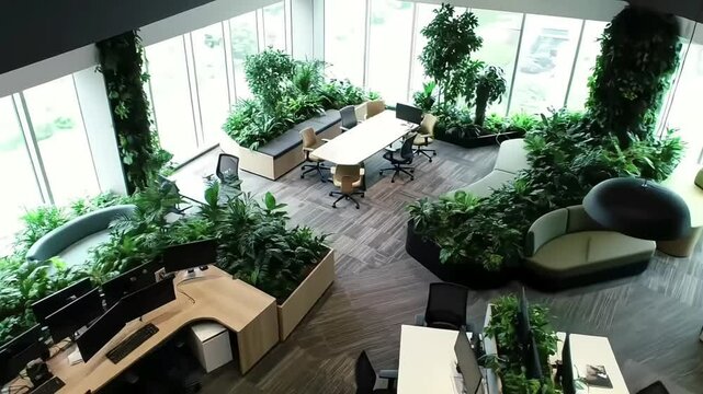A modern office space filled with greenery and collaborative work areas.