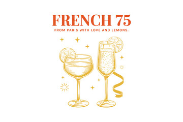French 75 Lemon Champagne Cocktail Art Typography T shirt Design
