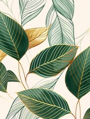 Minimalistic line art of with green and gold leaves in golden line style