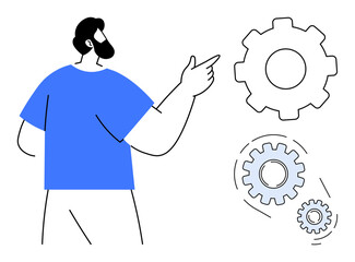 Man pointing at interconnected gears, symbolizing teamwork, innovation, collaboration, process, productivity, technical support, and troubleshooting. Ideal for workflow strategy problem-solving