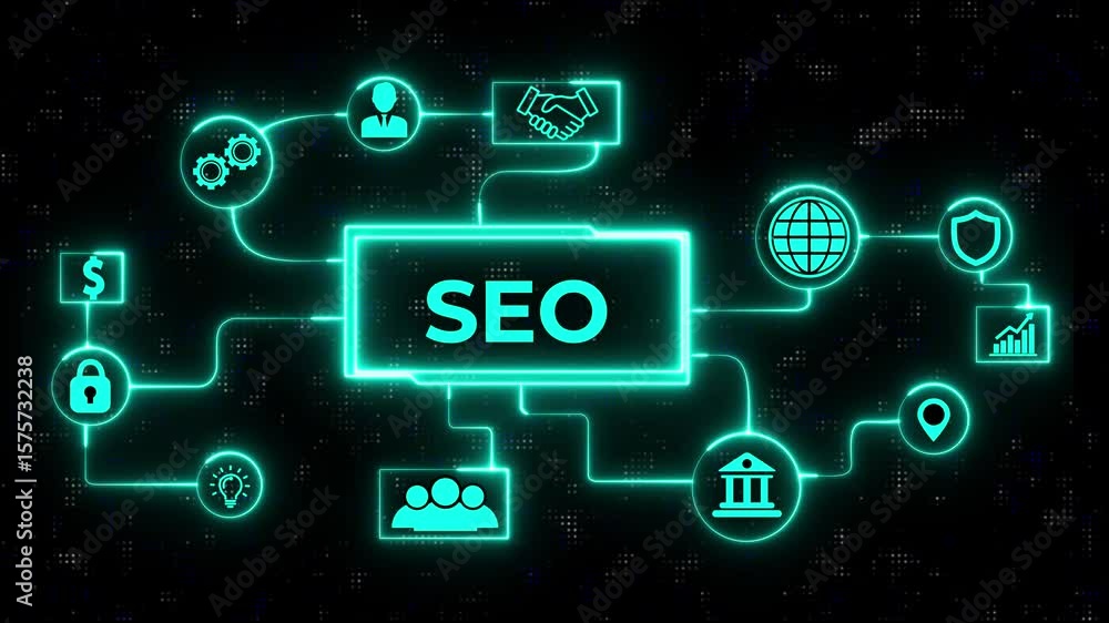 Poster seo search engine optimization marketing ranking concept. abstract seamless animation of mesh dots d