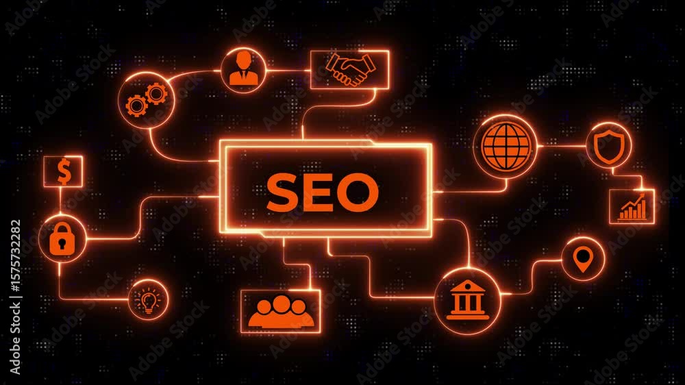Poster seo search engine optimization marketing ranking concept. abstract seamless animation of mesh dots d