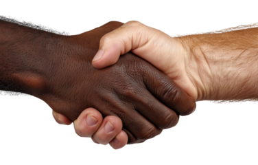 An interracial handshake represents collaboration, partnership, and global business connections on png background.