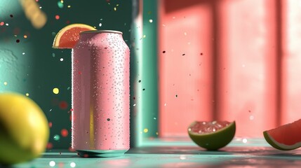 Refreshing pink soda can adorned with citrus slice, captured in vibrant colors amidst a celebratory confetti rain, embodying summer and effervescence.