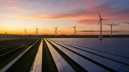 Wind turbines and solar panels generating renewable energy at sunset on a clean power farm.