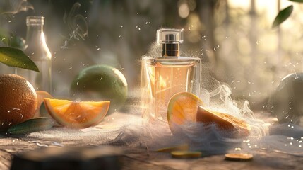 Exquisite citrus perfume composition featuring oranges, limes and delicate steam, evoking a fresh and vibrant sensory experience, set against a soft background