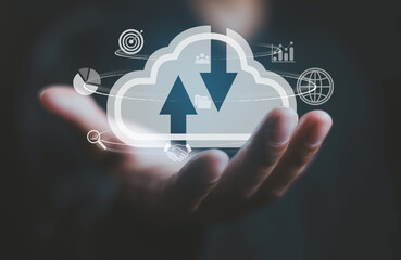 Businessmen use computers to visualize large online data in the cloud. It is a cloud server backup...