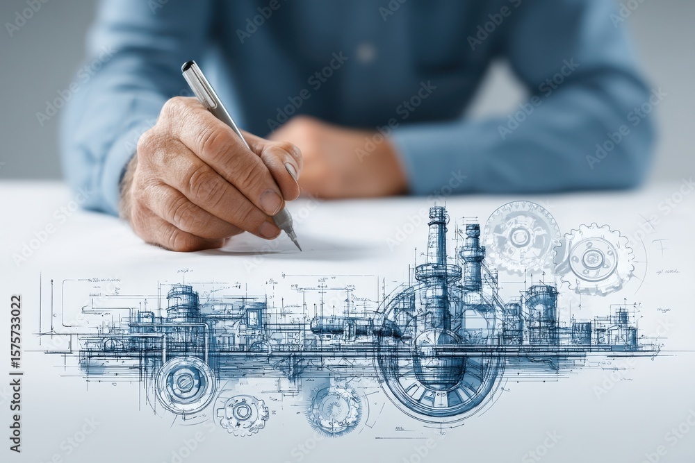 Poster Man Illustrating Engineering and Architectural Blueprints with Technology Visualization