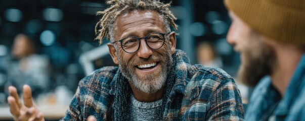 Two cheerful colleagues conversing in a modern office setting during work hours