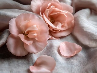 Delicate Pink Roses on Soft Fabric Background