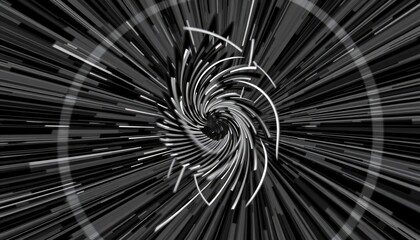 Dynamic vortex of rotating geometric lines and spirals, illusion of movement, high-contrast monochrome color scheme