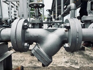 Industrial Y-strainer valve on steel piping system with flange connection in outdoor chemical plant. High-resolution close-up detail of metal filter for mechanical fluid filtration.