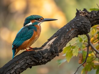 Close-up of a vibrant Common Kingfisher perched on a rustic branch, showcasing its striking blue and orange plumage against a soft, natural background.