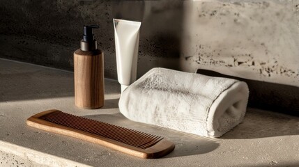 Minimalist Bathroom Still Life: Wooden Dispenser, Tube, Comb, and Towel Bathed in Soft Light on Textured Surface for Beauty.