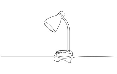 One continuous single drawing line art flat doodle office, lamp, light, table, electricity, One continuous drawn line art doodle linear, A simple line drawing of a desk lamp.