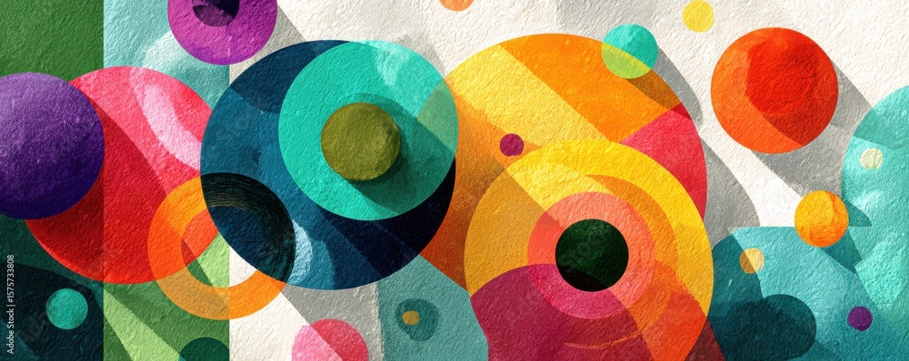 Poster bright abstract composition featuring colorful overlapping circular patterns and textures