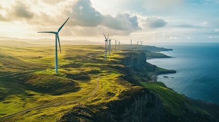 The skyline is transformed with wind turbines providing sustainable energy near the shore.