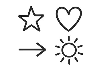 Symbols representing love, brightness, direction, and admiration in simple line art on a white background
