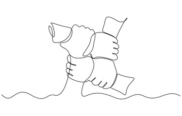 One continuous line drawing group of young male and female business people unite their hands together, People unite their hands together continuous line drawing isolated background for Teamwork.