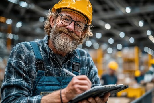 Smiling warehouse worker in blue overalls holding clipboard in industrial background - Powered by Adobe