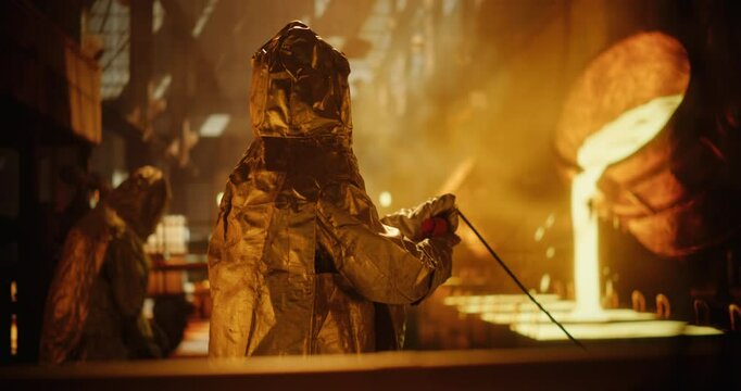 Industrial Foundry Operators Wearing Silver Heat-protective Suits Casting Molten Metal Into Specific Molds. Man is Holding a Switch and Operating Machinery to Pour Hot Liquid Into Shapes