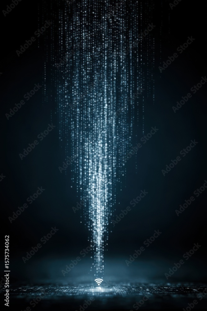 Poster digital binary code streaming into a wireless network icon