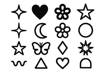 Variety of simple black outline icons on a white background depicting hearts, stars, flowers, and geometric shapes