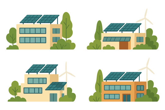 Four eco-friendly houses showcasing renewable energy features in a green landscape with solar panels and wind turbines