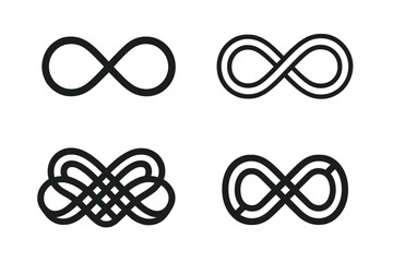 Unique variations of infinity symbols featuring diverse line styles and patterns in black on white background