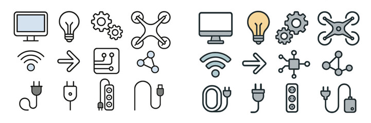 Line art illustrations of technology concepts including electronics, devices, and connectivity symbols