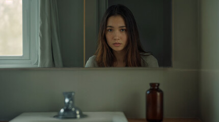 Young Asian woman looking worried in mirror of tiled bathroom