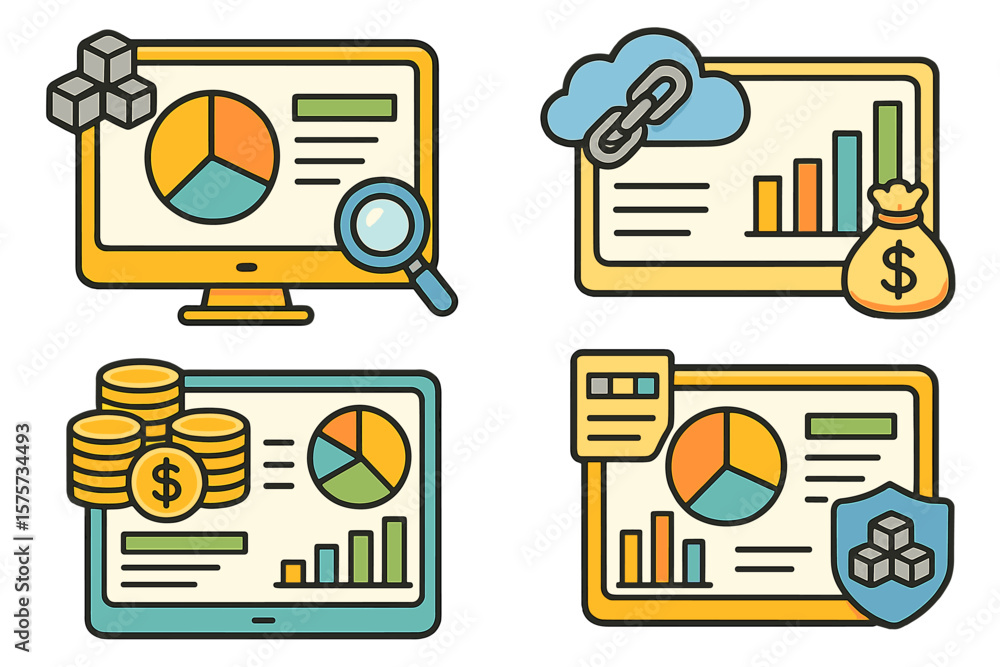 Poster charts and graphs showing data analysis and financial information on digital screens in a modern wor