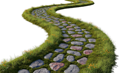 Winding stone pathway bordered by lush green grass and small orange flowers