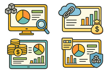 Charts and graphs showing data analysis and financial information on digital screens in a modern workspace