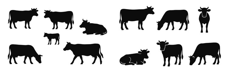 Various silhouettes of cows in different poses on a plain background