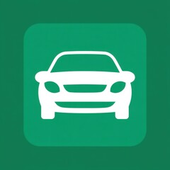 Obraz premium Minimalistic white car icon centered on green rounded-square background, featuring front-facing vehicle with headlights, grille, and bumpers outlined clearly in flat colors.