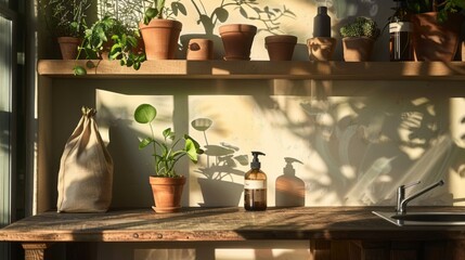 Warm sunlight streams into a rustic kitchen featuring potted plants, a sink, and various vessels arranged along a shelf.